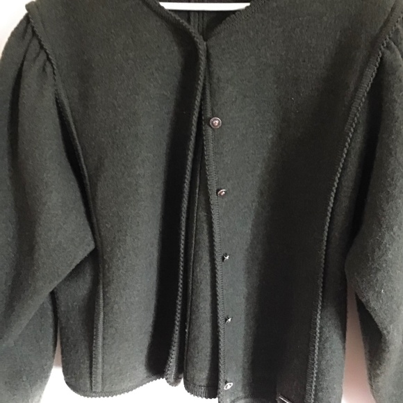 Geiger Women Pure Virgin Wool Cardigan Sweater Long Puff Sleeve Green Size L XL - Picture 2 of 8